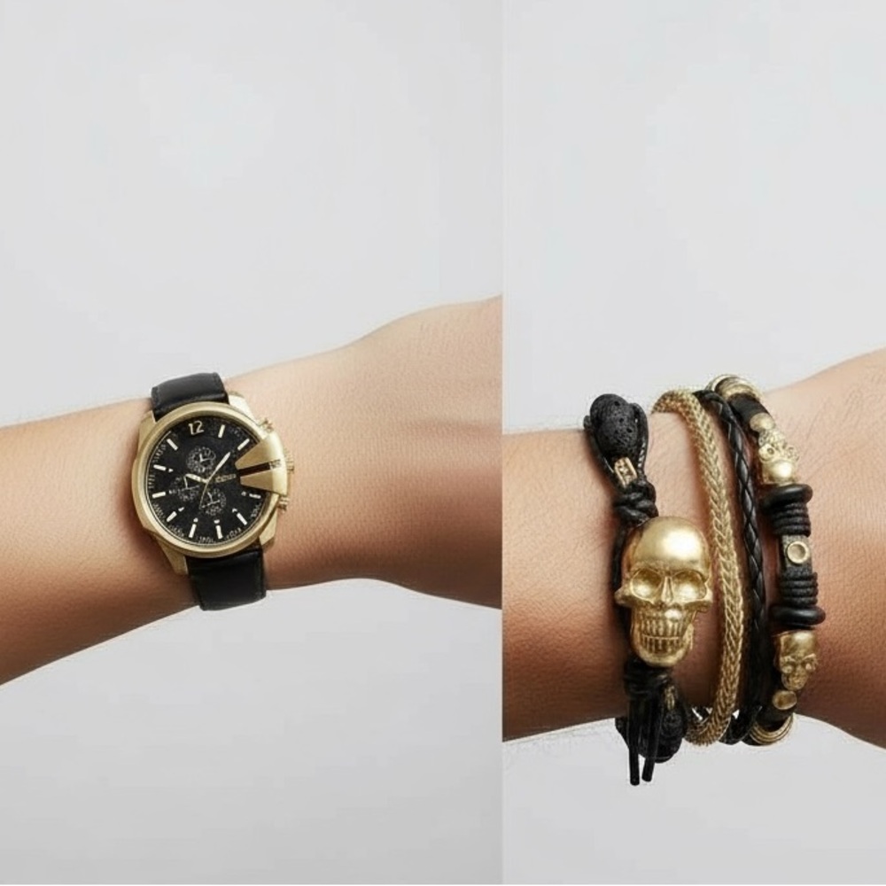 American Exchange Men’s Gold & Black Watch & Bracelet Set NWT - Picture 6 of 9